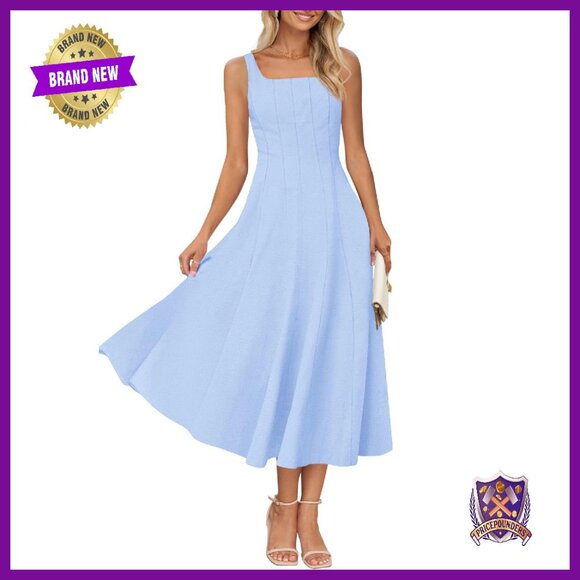 Dresses & Skirts - Sleeveless Midi Dress Square Neck Smocked Back A-Line Summer